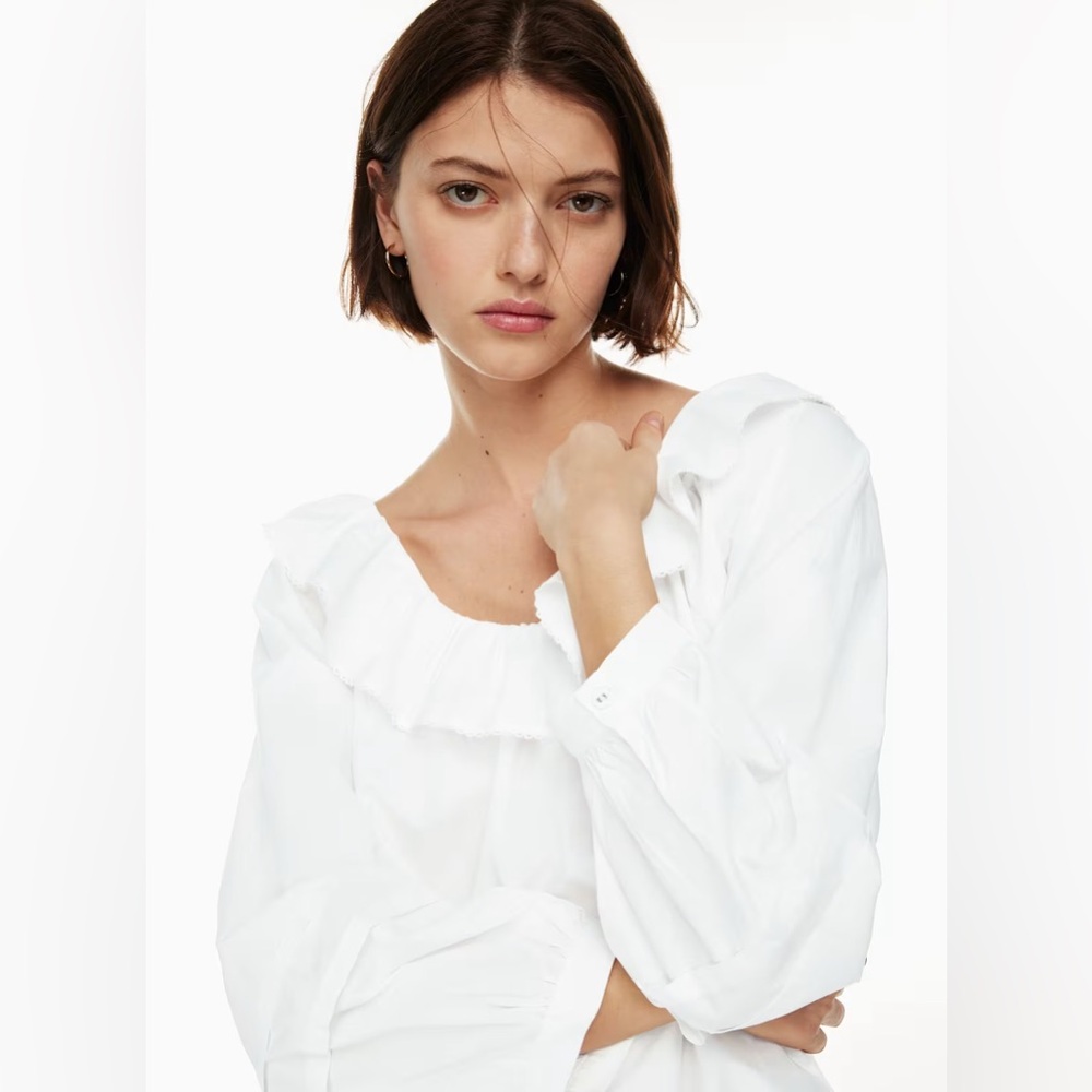 Aritzia Wilfred Verbena Poplin White Cotton Ruffle Boho Casual Relaxed Blouse L - Picture 3 of 17